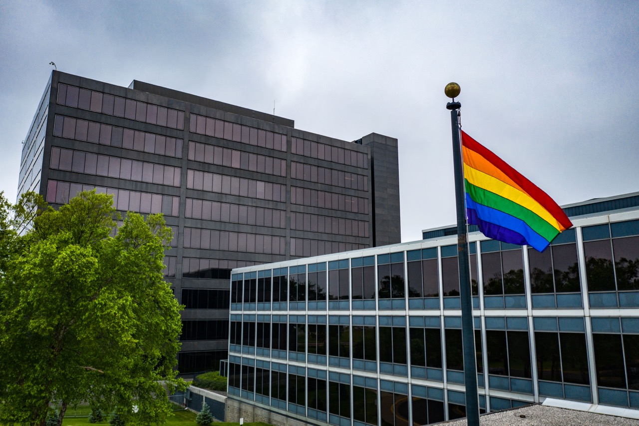 General Mills Pride Flag in front of World Headquarters
