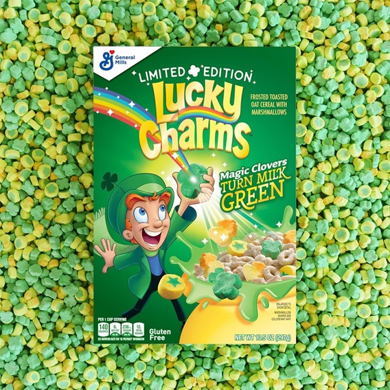 Lucky Charms Turn Milk Green cereal box on top of magic clover marshmallows