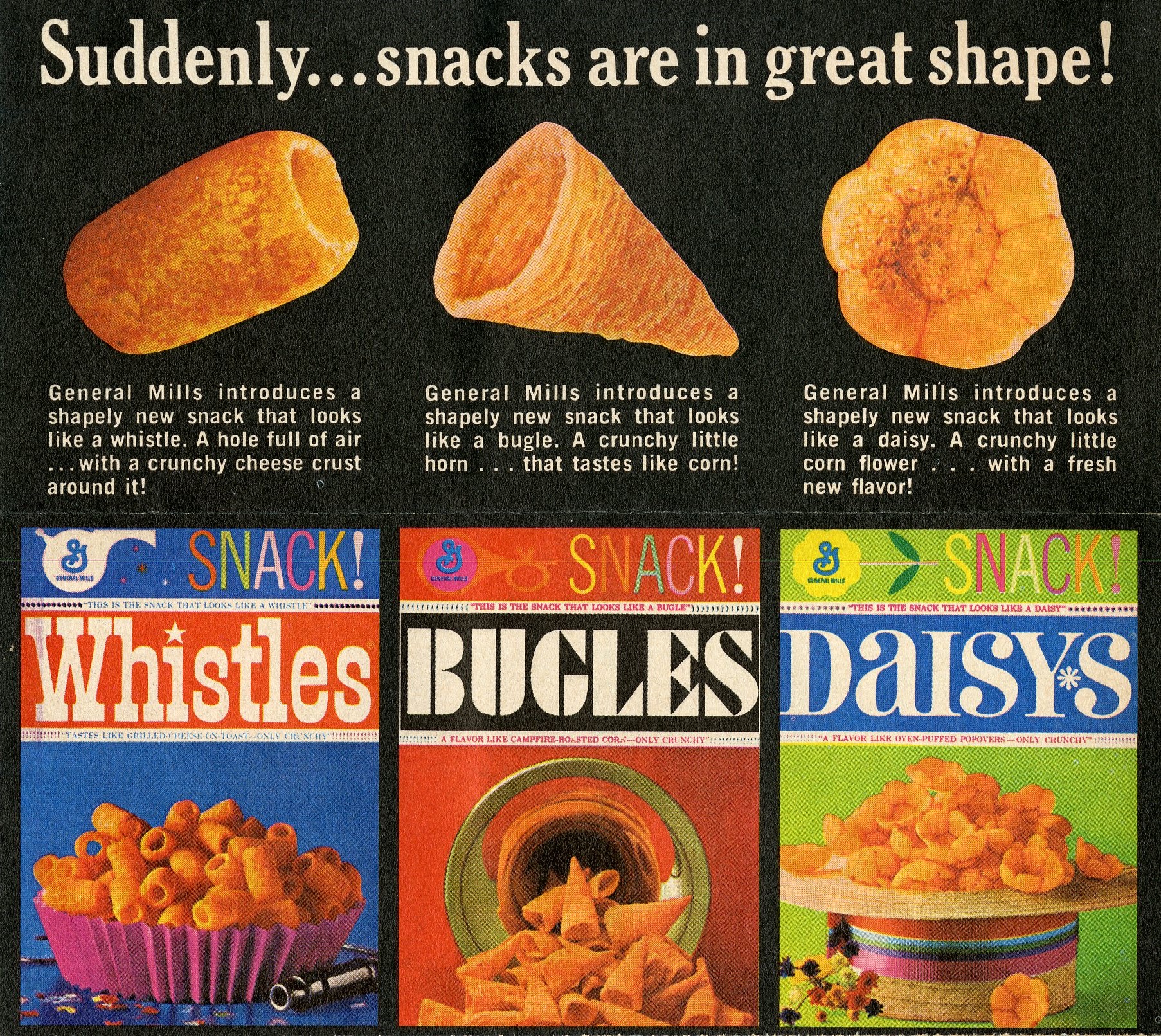 Bright and colorful packaging images of Whistles, Bugles, and Daisy’s snacks with individual images of each snack piece above showing the shape and texture with headline, "Suddenly… snacks are in great shape!"