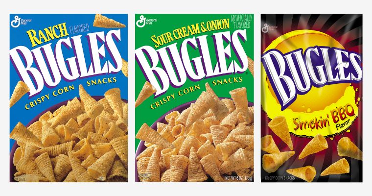 Straight on packaging images of the blue boxed Ranch Bugles, green boxed Sour Cream & Onion Bugles, and black foil bagged Smokin’ BBQ Bugles.