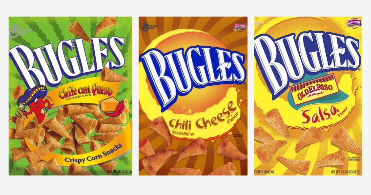 Straight on foil bag packaging images of the Chile con Queso Bugles, Chili Cheese Bugles, and Old El Paso Salsa Bugles.