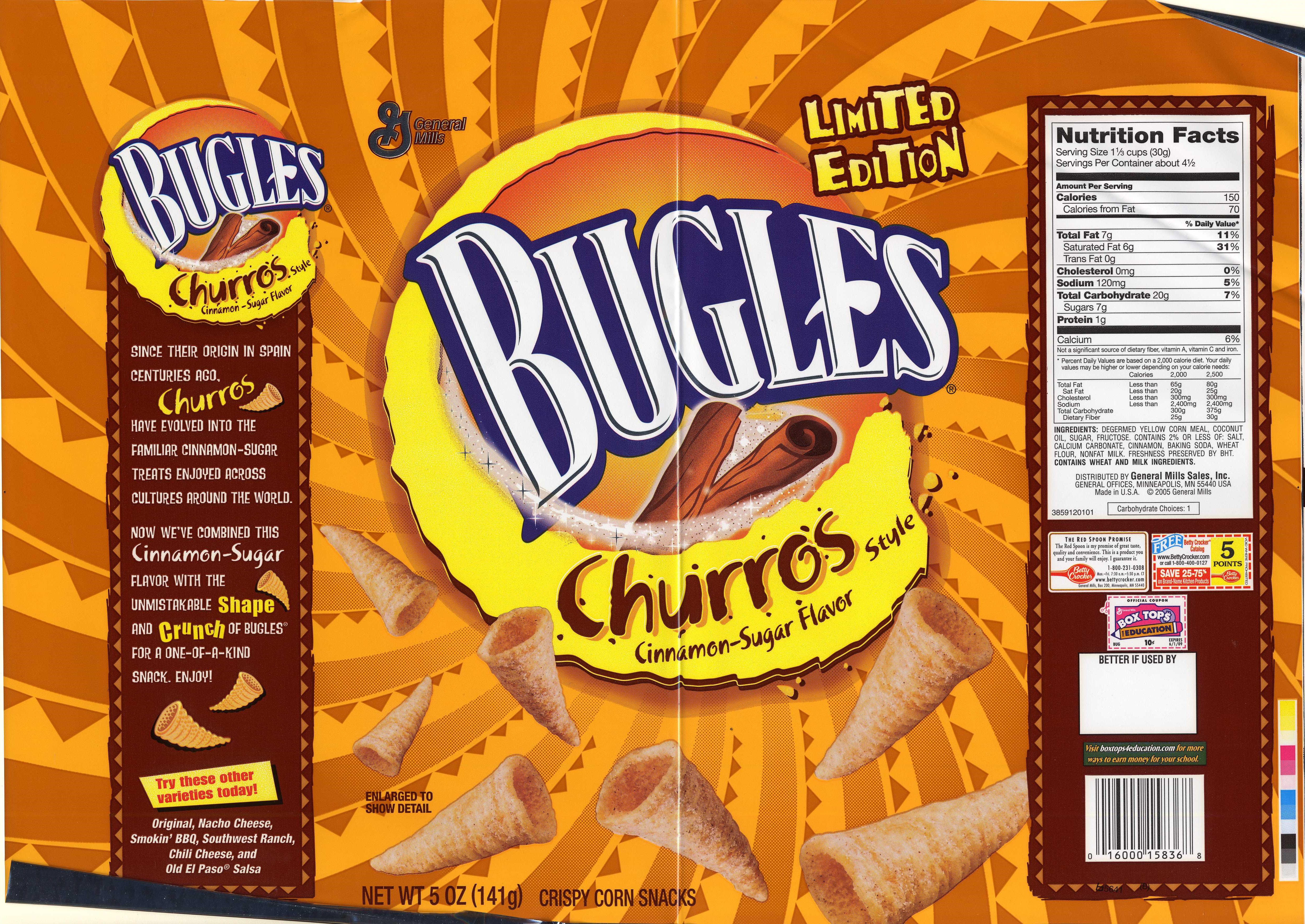 Flat brown and gold, packaging shot of the Churros Bugles.