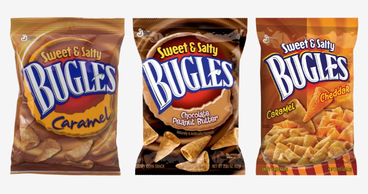 Straight on 3D foil bag packaging images of the Sweet & Salty line-up featuring Caramel, Chocolate Peanut Butter, and Caramel & Cheddar Bugles.