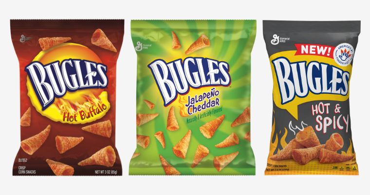 Straight on 3D foil bag packaging images of Hot Buffalo, Jalapeño Cheddar, and Hot & Spicy Bugles.